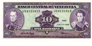 10 Bolivars
Purple/Green
Simon Bolivar & Antonio Jose de Sucre 
Monument to Battle of Carabobo Banknote