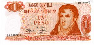 1970/73
1 Peso
Orange
Ley 18.188
Gen Manuel Belgrano
Scene of Bariloche-Llao-Llao
Watermark Banknote