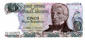 1974/78
5 Pesos
Purple/Brown/Black
Series 'B'
Elderly Gen San Martin
Hot springs at Jujuy 
Watermark Banknote