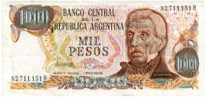 1976/83
1000 Pesos
Brown
Series H
Elderly Gen San Martin
Plaza de Mayo
Watermark multiple sunbursts Banknote