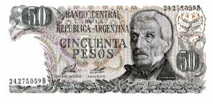 1983/84
50 Pesos
series B
Green
Elderly Gen San Martin
Army monument at Mendoza 
Watermark multiple sunbursts Banknote