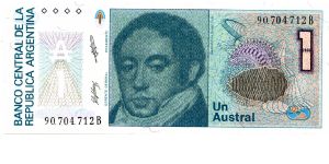 1 Austral
Green
Sig's 'C' 
Bernardino Rivadavia 
Liberty with torch & shield 
Watermark multiple sunbursts Banknote