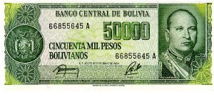 50,000 bolivianos 
Green
Coat of Arms & G V Lopez 
Petroleum refinery Banknote