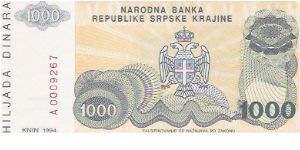 1000 DINARA

A 0009267

P # R30 Banknote