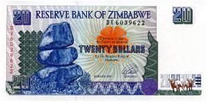 $20 
Signed Governor LL Tsumba 
Matapos Rocks & Water Buffalo 
Water Buffalo & Victoria Falls  
Security Thread Banknote