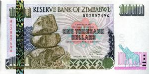 $1000
Signed Governor LL Tsumba
Matapos Rocks & Giraffe
Giraffe & Elephants
Silver Holo Strip with Giraffe's
Watermark Zimbabwe Stone carved Bird 
Watermark Zimbabwe Stone carved Bird Banknote