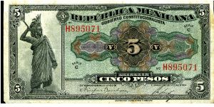 Green/Black
Gobierno Constitucionalista Republica Mexicana Revolutionary Issue 
Series C
5 Pesos 
Monument to Aztec King Cuauthemoc 
Aztec clock on reverse
ABNC Banknote