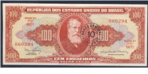 Brazil 10 Centavos OP on 100 Cruzeiros 1967 P185a. Banknote