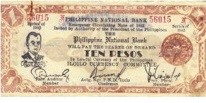 S-317 Iloilo 10 Pesos note with thin signatures, large auditor signature obverse and normal P's in Philippines on reverse. Banknote