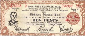 S-317 Iloilo 10 Pesos note with small Auditor signature on obverse and normal P's in Philippines on reverse. Banknote