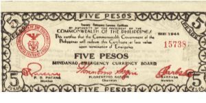 S-526a Mindanao 5 Pesos note Type 1, 2 1/2 circular ornaments in right border, printed from a metal plate made in Australia. Large narrow date. Banknote