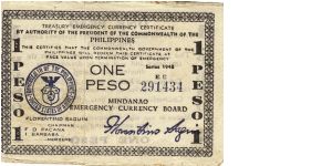 S-505 Mindanao 1 Peso note with wide series letters EE. Banknote