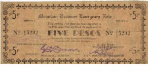 S-603 Mountain Province 5 Pesos note. Unlisted reverse plate color, listed with yellow reverse, this note is green. Banknote