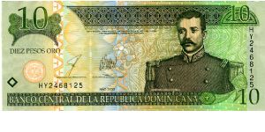 10 Gold pesos
Green/Orange
Matias Ramon Mella 1816 - 1864
Altar de la Patria
Security Thread Banknote