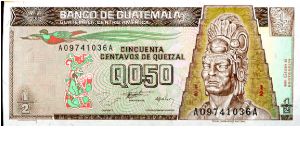 0.5 Quetzal
Brown/Green
Quetzal bird, seated figure & Tecun Uman  
Tikal Temple 
Harrison & Sons Banknote