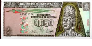 0.5 Quetzal
Brown/Green
Quetzal bird, seated figure & Tecun Uman  
Tikal Temple 
CBN Banknote