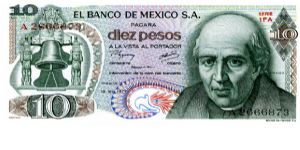 10 Pesos
Green/Purple/Blue
Series 1FA
Fancy Bell & Hidalgo y Castilla
Church in Dolores Hidalgo, Guanajuato - Cradle of National Independence Banknote