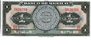 1 Peso
Black/Red
Aztec calendar stone 
Independence monument 
ABNC Banknote