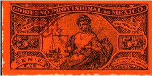 5 Centavos
Pasteboard note
Orange
Series CXIII
Seated Justice 
National Arms Banknote