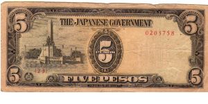 Japanese Government, 5 Pesos, O: Rizal Memorial, R: Value, Size: 159mm x 68mm
Serial #: 0203758 ; 0147450 Banknote