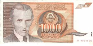 Brown and orange. N. Telsa at left and as watermark. High frequency transformer on back. Banknote