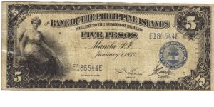 PI-22 Bank of the Philippine Islands 5 Pesos note. I will trade this note for Philippine of Japan Occupation notes I need. Banknote