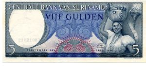 5 Gulden
Blue
Woman carrying basket 
Value & Coat of Arms
Wmk :toucan's head Banknote