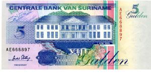 5 Gulden
Blue/Green
Log trucks above Value & Central Bank building 
Loging & Toucan
Wmk :toucan Banknote