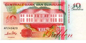 10 Gulden
Red/Green
Bananas above Value & Central Bank building 
Banana harvesting  & Toucan
Wmk :toucan Banknote