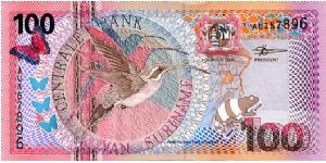 100 Gulden
Multi
Buterfly, Eastern Long-tailed Hermit (Hummingbird)  & Coat of Arms, Gecko
Gecko, Plumeria Rubra - Frangipani
Security thread
Wmk Bank building
De La Rue Banknote