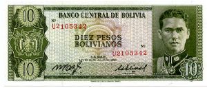 10 peso boliviano 
Green
U series
Colonel German Busch
Mountain of Potosi
Security thread
TDLR Banknote