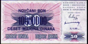 10'000'000 Dinara__
Pk 35a__

Ovpt on 50 Dinara - o.d 1992
 Banknote