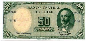 1960/61
5 Centismos de Escudo on 50 Pesos
Green
Value & Anibal Pinto
Value & overprint, bank seal
Watermark General Bernardo O'Higgins Banknote