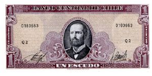 1 Escudo
Purple
Arturo Prat
Founding of Santiago with arms in light olive 
Watermark General Bernardo O'Higgins Banknote