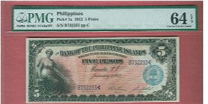 Five Pesos Bank of the Philippine Islands P-7a graded by PMG as Choice UNC 64 EPQ. Banknote