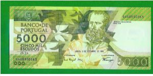 5.000 escudos 1993 UNC Depicting Poet and writer Antero de Quental Banknote