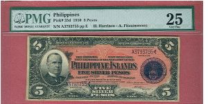 5 Pesos Silver Certificate P-35d graded by PMG as Very Fine 25. Banknote