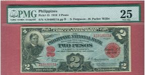 Two Pesos 1916 PNB P-45 graded by PMG as Very Fine 25. A rare note. Banknote
