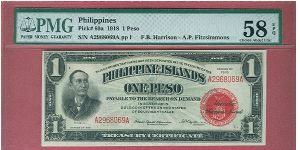 One Peso Treasury Certificate P-60a graded by PMG as Choice About UNC 58 EPQ. Banknote