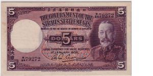 THE GOVERNMENT OF THE STRAIT SETTLEMENTS-
 $5.00 Banknote