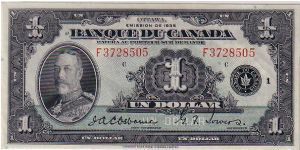 DOMINIOM OF CANADA
ONE DOLLAR FOR KGV IN FRENCH Banknote