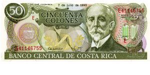 50 Colones
Green/Red
Coat of Arms & Gaspar Ortuno y Ors
Bank of Costa Rica Banknote