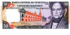 50 Bolivares 
Purple/Orange
Palace of Acadimia & Andres Bello
Central Bank
Wtmrk A Bello Banknote
