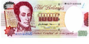1000 Bolivares
Purple/Green 
Feb 1998
News paper & Simon Bolivar
Coat of arms, Orchid, Mountains & Panteon Nacional
Wtmark S Bolivar Banknote
