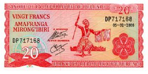 20 Francs 
Red/Blue
Sig Le Gouverneur
Le 2eme Vice Gouverneur
Native dancer
Coat of arms
Security thread Banknote
