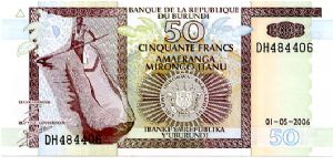 50 Francs
Green/Brown
Man in dugout canooe 
Fishermen & Hippopotamus 
Security thread Banknote