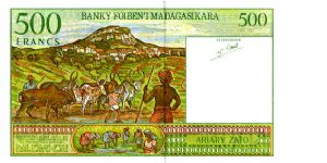 500 Francs 
Green/Brown
Girl & Village
Herdsman with Zebus  & Village
Security thread 
Wtmark Zebus head Banknote