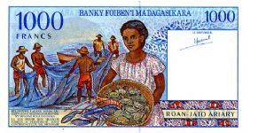 1000 Francs
Multi
Young woman with basket of shellfish & fishermen with nets 
Young man and fishing boats 
Security thread 
Wtmark Zebus head Banknote