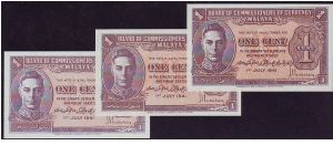 1941 Malaya 1 Cent: 3 Colour Varieties Banknote
