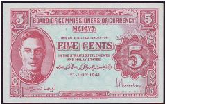 1941 Malaya 5 Cents Variety B & C Banknote